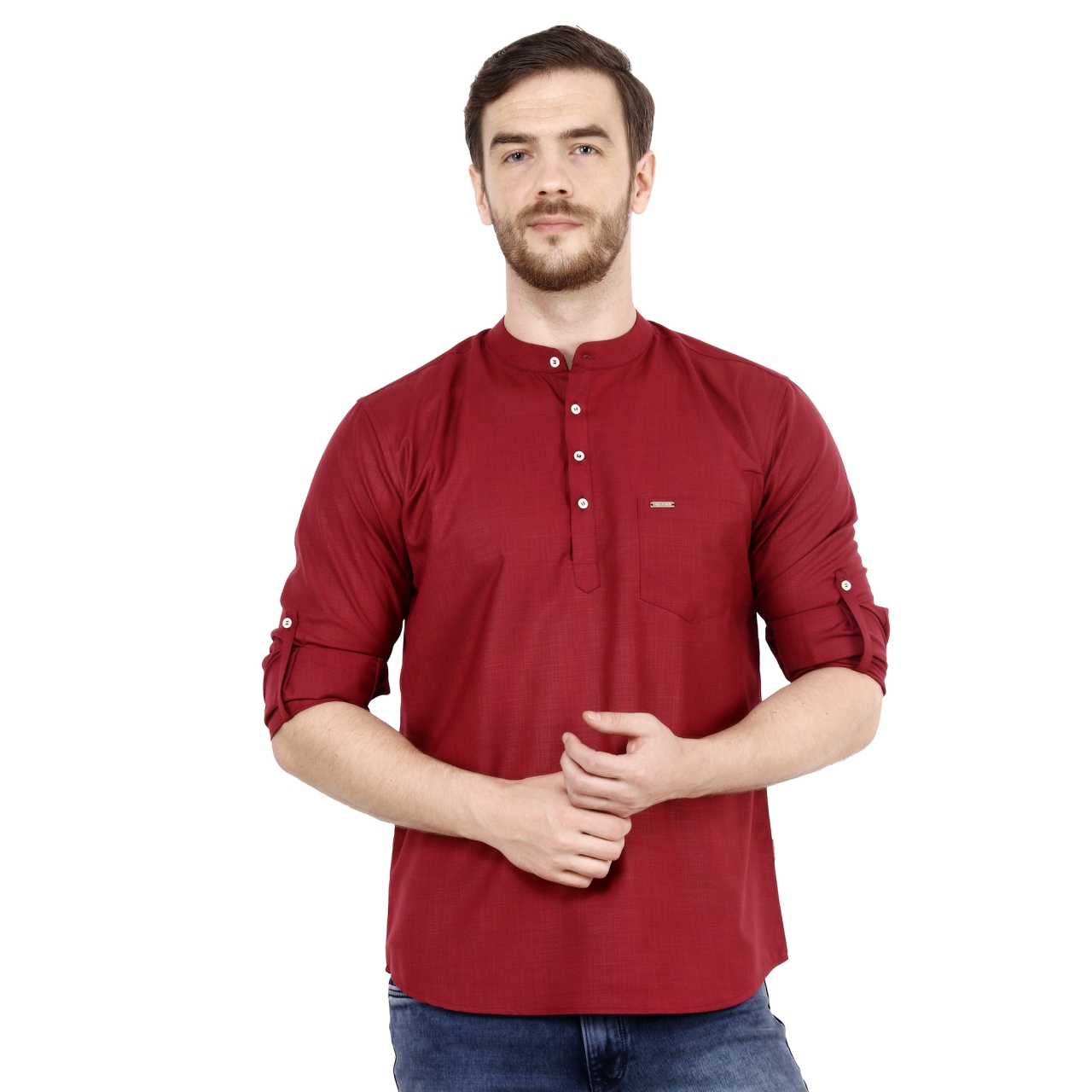 Mens Wine Red Short Kurta